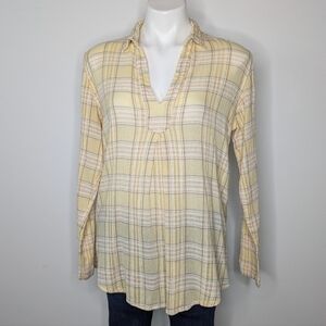 Sundance yellow tan long sleeve v neck cotton shirt L
